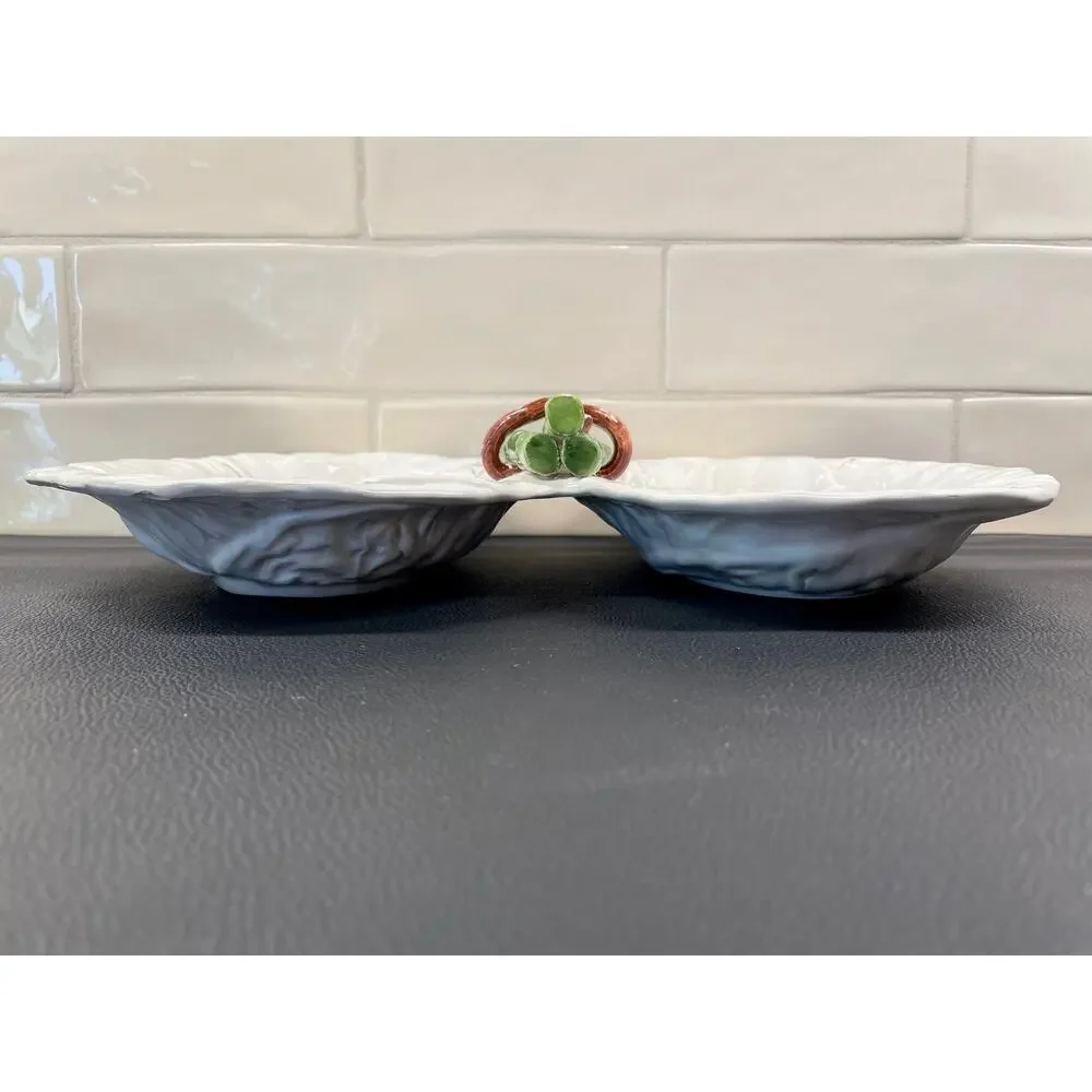 Italian Majolica Vietri Divided White Cabbage Leaf and Asparagus Dish